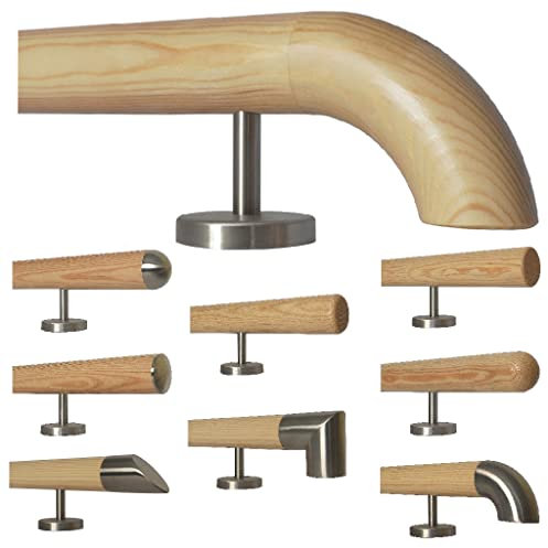 TIBU Kiefer Holz Handlauf Geländer 0,3m - 5m, Länge 250 cm, Ende Holzkrümmling und 4 gerade Halter