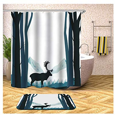 Daesar Badematten WC Vorleger 40x60 Hirsch im Wald Duschvorhang 150x180 cm Antischimmel, Badematte 2 Teilig Set