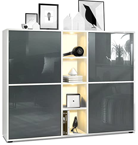 Vladon Highboard Cuba V3, Made in Germany, Weiß matt/Grau Hochglanz inkl. LED - Moderne Anrichte mit 12 Fächern (130,5 x 105,5 x 35,5 cm)