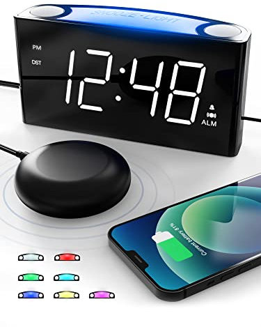 ROCAM Extra Loud Alarm Clock, Bedside Vibrating Alarm for Heavy Sleepers/Deaf/Hearing Impaired, Digital Clock 7 Color Night Light/DST/SNOOZE/Dimmer/2 USB Ports/Battery Backup-White