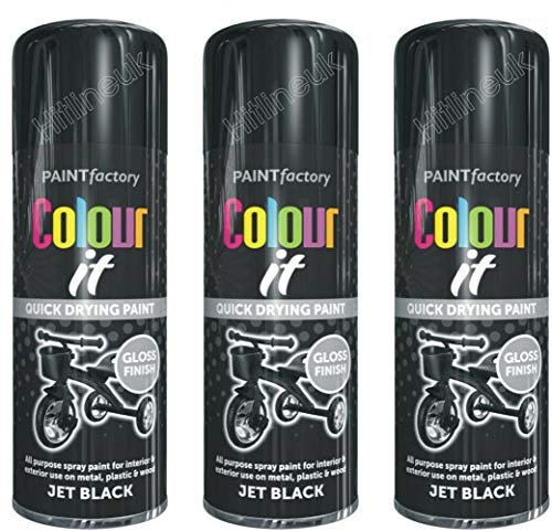 HitlineUK 3 x BLACK SPRAY PAINT GLOSS 400ML AEROSOL SPRAY CAN QUICK DRYING PLASTIC METAL COLOUR IT