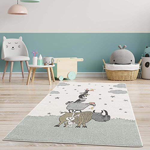 carpet city Kinderteppich Läufer Tiere - Eule Schaf Tucan 80x150 cm Creme - Kinderzimmer Teppich Modern