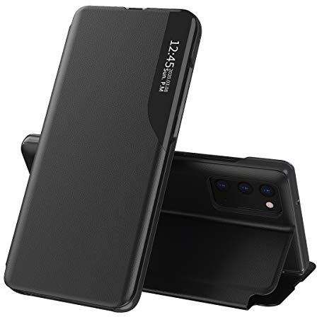 TANYO Smart View Hülle für Xiaomi MI 11 Lite (4G / 5G / 5G NE), Premium Leder Schutzhülle mit Sichtfenster Fenster, Stilvoll Spiegel Handyhülle mit Flip Klappbarer Ständer - Schwarz