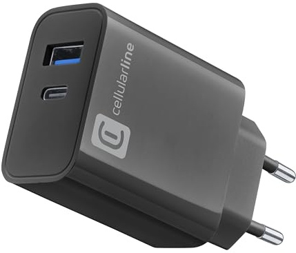 Cellularline - MULTIPOWER PD 32W Ladegerät mit Zwei Anschlüssen USB-C und USB-A - Schwarz