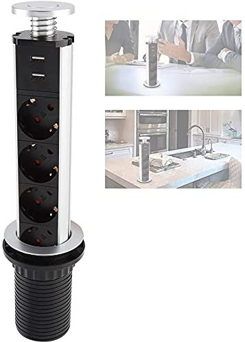 Brrnoo Socket para Mesa Empotrado, Tower Power regleta de enchufes de Mesa Toma Corriente Eléctrica 3 Salidas Cargador 2 Puertos USB para encimera de Cocina o Escritorio, Toma de Corriente emergente