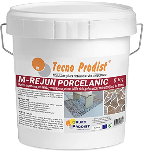 M-REJUN PORCELANIC de Tecno Prodist - (5 Kg, Blanco) - Mortero para Lechada impermeable azulejos y suelos. Pavimentos cerámicos, ladrillos, piedra, etc. (Junta ancha de 4 a 20mm)