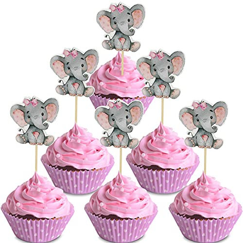 36 Stück Elefant Cupcake Topper für Babyparty Baby Mädchen Geburtstag Party Supplies Kuchen Dekorationen Niedliche Babyparty Cupcake Picks Baby Mädchen Cupcake Topper (Rosa)