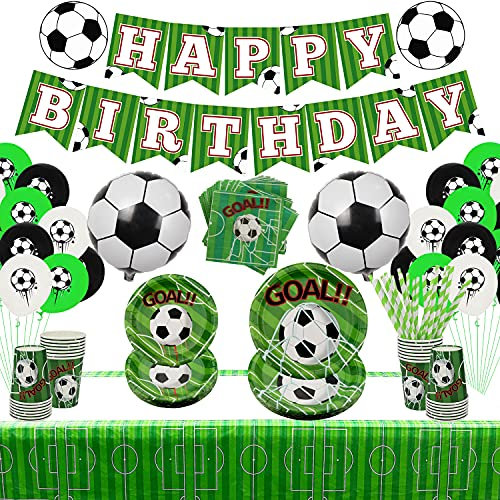 Fussball Geburtstag Deko Partygeschirr Set -Einschließlich Banner , Teller , Dessertteller, Tassen, Servietten, Tischdecken, Strohhalme, für Geburtstag Junge Fussball Mottoparty für 20 Personen