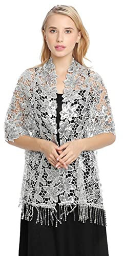 GIBZ Damen Glitzer Schal Dünne Soft Stola Floral Wraps mit Quasten Pailletten für Hochzeit Abendkleider, Silber