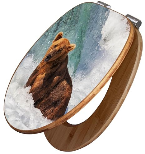 banjado Design WC Sitz Bambus Absenkautomatik 45,8x37,5cm / Toilettendeckel mit Absenkautomatik Holz/hochwertiger Bambus Klodeckel/WC-Sitz für gängigen Toiletten/Motiv Bär Im Wasser