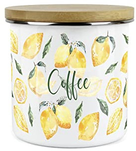 Purely Home Painted Lemons Coffee Canister - White Metal Enamel Kitchen Food Storage Container
