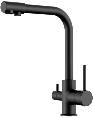 FORIOUS Wasserhahn Küche Schwarz, 3 Wege Wasserhahn Mischbatterie Küche, Zweigriffige Spülarmaturen mit Trinkwasserauslauf und 360°Schwenkbarkeit