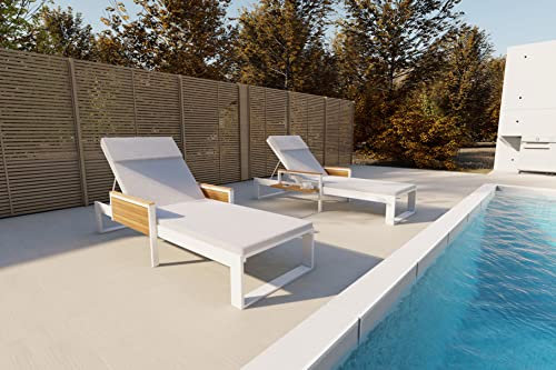 Nr. 2 Stück Elegante Gartenliege aus pulverbeschichtetem Aluminium, mattweiß pulverbeschichtet, Details aus afrikanischem Iroco-Holz, professionelle Verwendung.