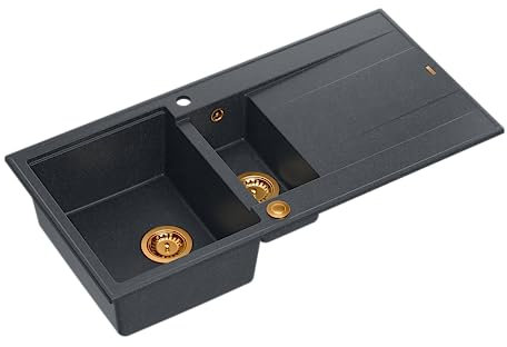 QUADRON Evier en granit | Taille 50 x 100 x 21/16 cm, Couleur: Noir + Cuivre Pvd | EVAN 156 Evier de cuisine double évier | Evier de cuisine double évier avec égouttoir | avec trou pour robinet