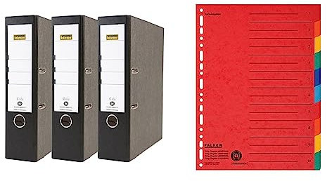 Idena 90081 - Ordner für DIN A4, 8 cm breit, Wolkenmarmor, schwarz, 3 Stück & Original Falken Karton-Register überbreit für DIN A4+ 240 x 297 mm volle Höhe mit Organisationsdruck 10-teilig vollfarbig
