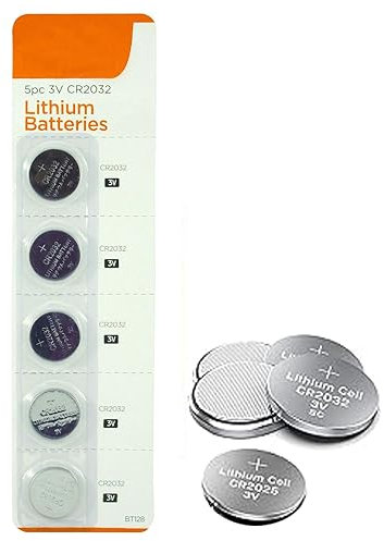 5 CR2032 Lithium Battery Set - 3V Supercharged DL2032 / ECR2032 Batteries, Ideal For Calculators, Watches, Remote Controls, Car Key Fobs, Glucometers, LED Lights, Computer Motherboards etc