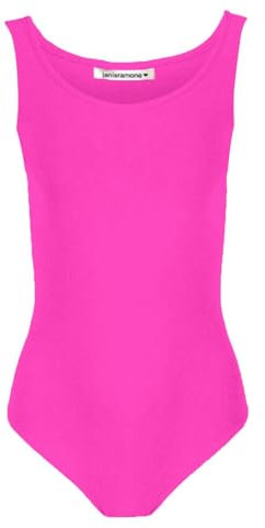 janisramone Girls Ballet Dance Leotard Sleeveless Kids Plain Microfibre Stretchy Skinny Gymnastics Bodysuit Top Neon Pink