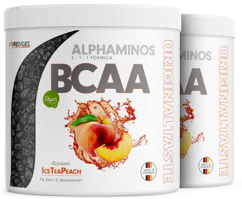 BCAA Pulver 600g EISTEE PFIRSICH - Alphaminos BCAA 2:1:1 Drink mit 8000 mg B.C.A.A. - unfassbar leckerer Geschmack, Essentielle Aminosäuren (EAA) Leucin, Isoleucin & Valin - laborgeprüft