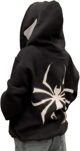 YINGKE Herren Spinnen Print Kapuzenpullover Y2K Punk Dunkle Gotisch Halloween Jacke mit Reißverschluss Unisex Streetwear Kapuzenpullover(M,Schwarz)