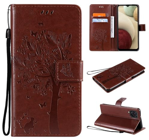 VEEMOS Handyhülle für Samsung Galaxy A12 / M12 Hülle Klappbar Katze-Baum mit Kartenfach Klapphülle Schutzhülle Handy Tasche Leder Book Flip Case Cover Handytasche Damen - Braun