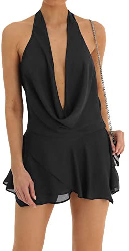 Loalirando Abito Corto Donna Estivo Vestito Sexy Senza Spalline Donna Abito Senza Schienale Cocktail Scollo V Elegante Vestito Corto Donna Bodycon Senza Manica Mini Abito da Sera (Nero, S)