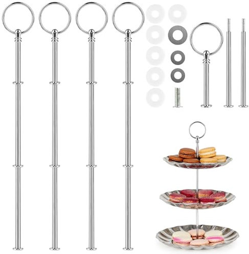 Aubess 4 Pack Etageren Stangen Set, 3 etagen Etageren Stangen, Silber Etagere Bausatz, Metallstangen Mittellochausstech mit Schrauben und Unterlegscheiben für Obsttablett, Snackteller
