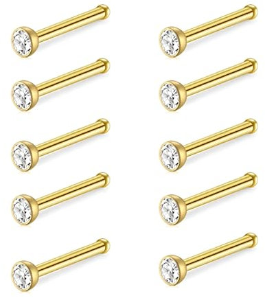 Decentraland 10 Stück golden-white (I-förmiger Nasenring) Nasenstecker aus chirurgischem Stahl/Titan für Damen-Nasenloch-Piercing-Schmuck, 20 g