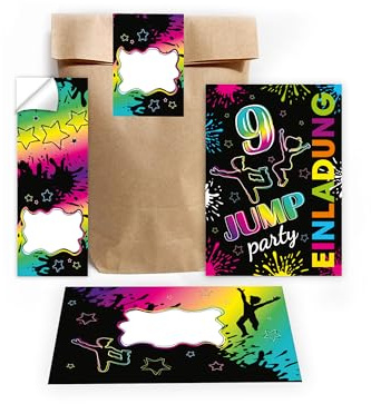 Limonia 12 Einladungskarten zum 9. Kindergeburtstag Jump Party Trampolin neon Einladung Set Geburtstag Mädchen Kinder Jungs Jungen Boys Geschenktüte inkl. 12 Umschläge, 12 Tüten, 12 Aufkleber
