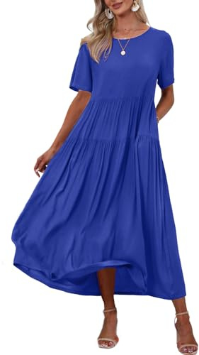 YESNO Women Dress Summer Casual Plus Size Maxi Dresses Bohemian Floral Short Sleeve Long Dress/Pockets M EJFUK Royal Blue