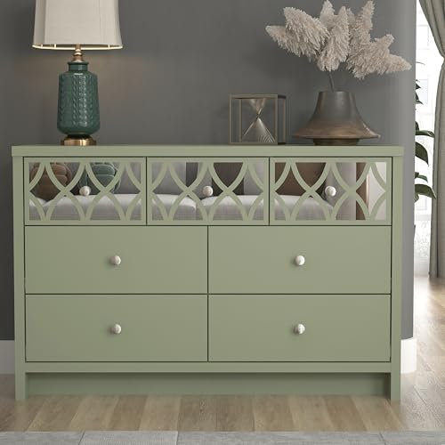Galano Iris 3+4 Drawer Chest – Sage Green Storage Cabinet with Mirrored Drawer – Organizer for Bedroom, Hallway, Entryway or Living Room