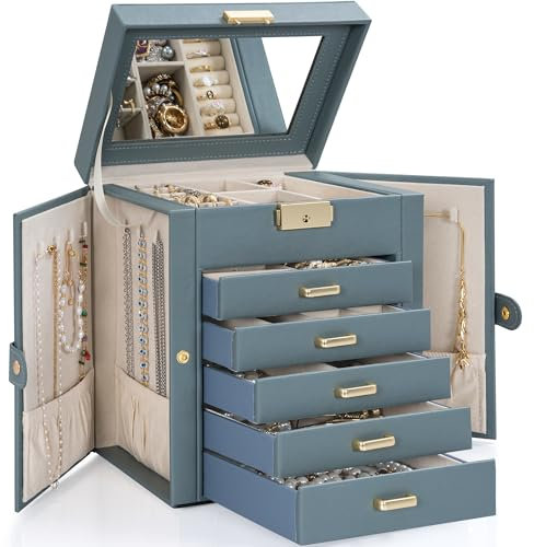 TORIBIO Large Jewelry Box for Women, Leather Jewelry Organizer with Mirror & Lock, 6-Tier Jewelry Storage Case for Girls/Women/Mothers, Necklace Earring Bracelets Holder Organizer, Grey Blue