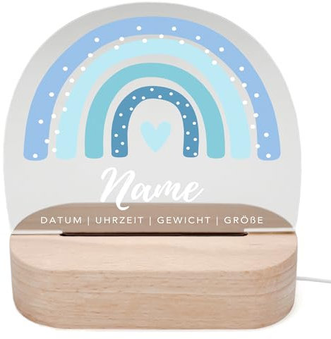 DEL MÀ Unique & Personal Regenbogen Nachtlicht Baby personalisiert Babyzimmer Kinder Deko Kinderzimmer Nachtlampe Mädchen Jungen Kinderlampe Inkl. Holzfuß & Netzteil (Blau)