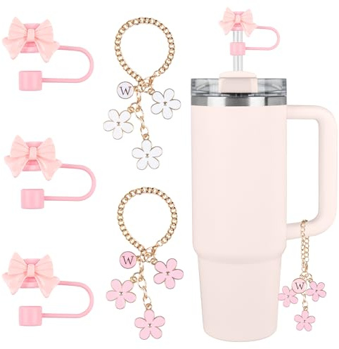 Stanley Cup Accessories,Pink Bowknot Straw Toppers Cute Flower Letter Charms for 30 59 Oz Stanley Tumbler with Handle(W)