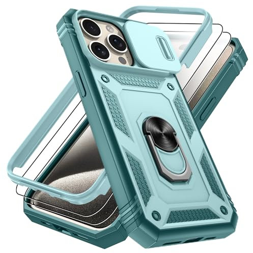 Pilaru 3 in 1 for iPhone 15 Pro Max Case with Front Frame [2 Separate Screen Protectors] & Kickstand Ring & Camera Cover Military Grade Drop Shockproof Protection for iPhone 15 Pro Max,Green