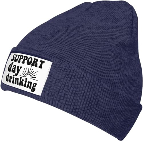 Oudrspo Schwarze Beanie-Strickmütze mit Aufschrift „I Support Drinking During The Day, Schwarze, warme, gemütliche Strickmütze