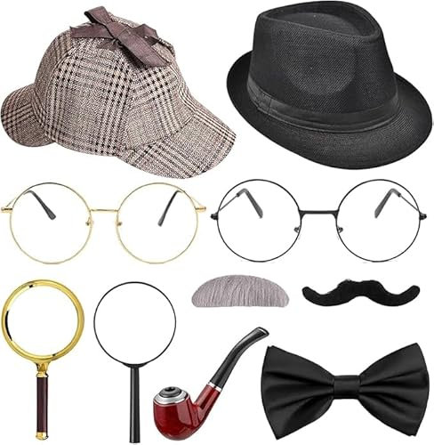 Dazzroi Double Detective Costume Accessories Set, Detective Fancy Dress Kit with Detective Hat Fake Mustache Bow Tie Pipe Glasses Round Handle Magnifier for Adults Halloween Cosplay Carnival Party