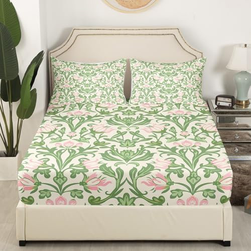 Loussiesd Erwachsene Rosa Grün Damast Spannbettlaken 90x200cm Floral Damast Bettlaken Frauen Männer Zimmer Dekor, Antike viktorianische Barock Spannbetttuch Blume Floral Damast Bettlaken Set
