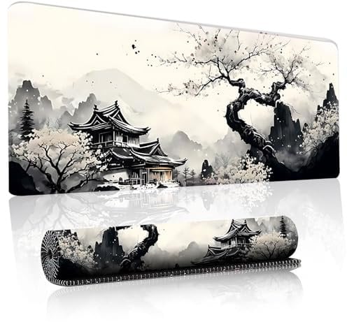 YGCQFH - XXL Gaming Mouse Pad - 800 x 300 x 3 mm - Long Non-Slip Rubber Base Mouse Pad - Durable Stitched Edges - Waterproof Surface - Laptop Desktop Mousepad (Ink Wash Plum Mouse Pad