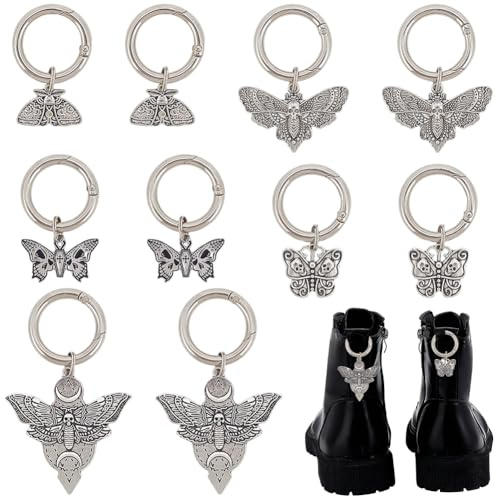 craspire 10 Stück Gothic Schuhanhänger Insekten Schlüsselanhänger Antik Silber Legierung Schmetterling Motte Abnehmbarer Schnürsenkelanhänger Mit Federschnalle Für Halloween Party Schuhtasche