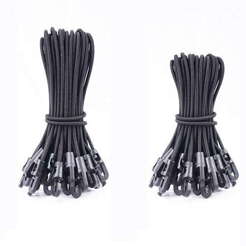 VirtuGro 60Pcs Small Bungee Cords with Hooks 6/10 Short Bungee Cords with Hooks Black Bungee Ropes Elastic Cord Shock Cord Tarpaulin Straps for Camping Tarp Garden Furniture Tent