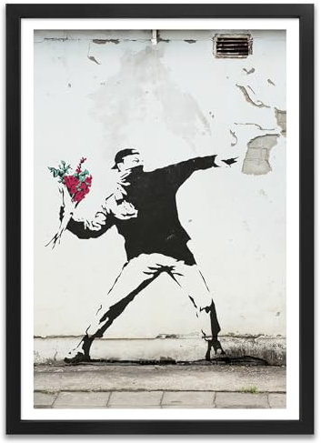 ARTFAVES® Poster - Banksy Flower Thrower | Wanddeko Wandbild Kunst Modern Urban Graffiti | mit Rahmen Schwarz | 30 x 40 cm
