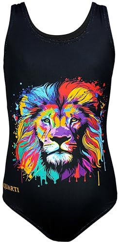 Aquarti Mädchen Badeanzug mit Ringerrücken Print, Farbe: Bunter Löwe/Schwarz, Größe: 134