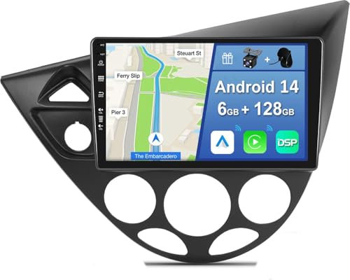 YUNTX [6GB+128GB] Android 14 Autoradio für Ford Focus MK1 C170 Fiesta 1995-2005-[Integriertes CarPlay/Android Auto/DSP/GPS]-9 Zoll IPS Screen-DAB/Mirror Link/Bluetooth 5.0/360 Kamera