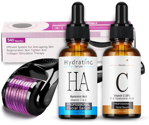 Shefave Microneedling Serum Hyaluron, Vitamin C Serum mit Derma Roller 0.5 mm, Vitamin C Gesicht, 540 Titanium Derma Roller, Pigmentflecken Entferner, Micro Infusion System, Straffere Haut
