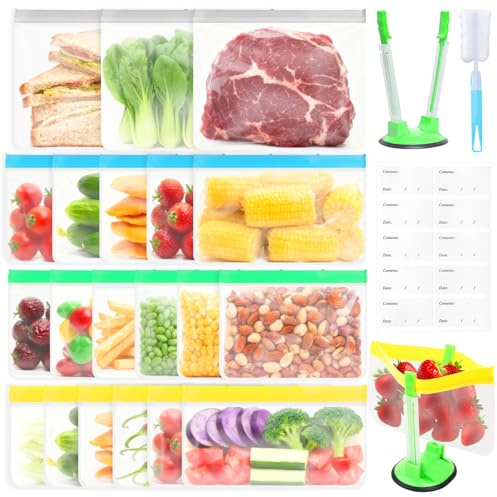 Ferenando 20 Pezzi Sacchetti Freezer con Zip Riutilizzabili 4 Misure con Supporto Pieghevole, Spazzola di Pulizia, Sacchetti Gelo per Alimenti in Silicone, per Frutta, Verdura, Carne
