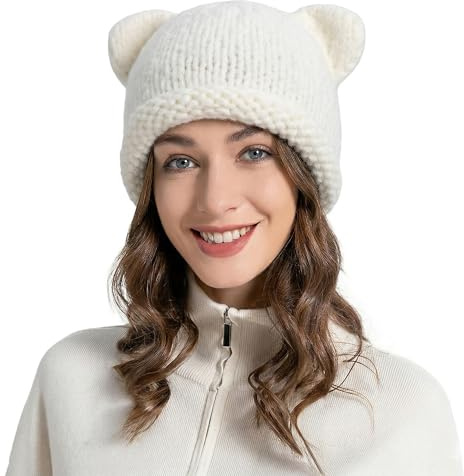 ZLYC Damen Katzenohr Slouchy Strickmütze Grunge Niedlich Wintermütze | Warm, weich und bequem,ideal für Outdoor-Aktivitäten im Winter wie Skifahren, Snowboarden, Wandern