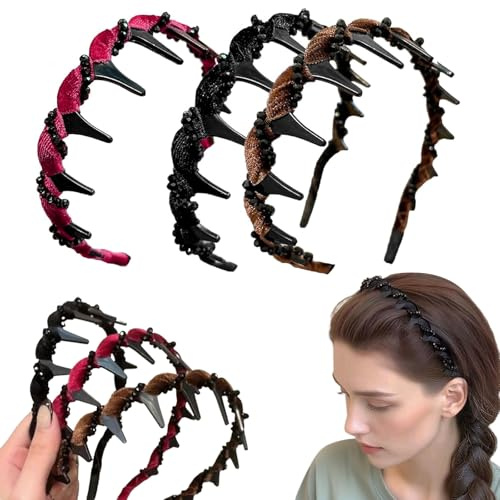 Lot de 3 serre-têtes en velours avec cristaux noirs – Serre-têtes hauts bordeaux, marron & noir pour femmes, antidérapants pour mariage & fête
