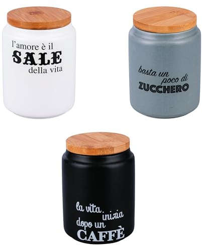 Set 3 barattoli sale, zucchero e caffè 900 ml in ceramica, coperchio in bambù, Idee