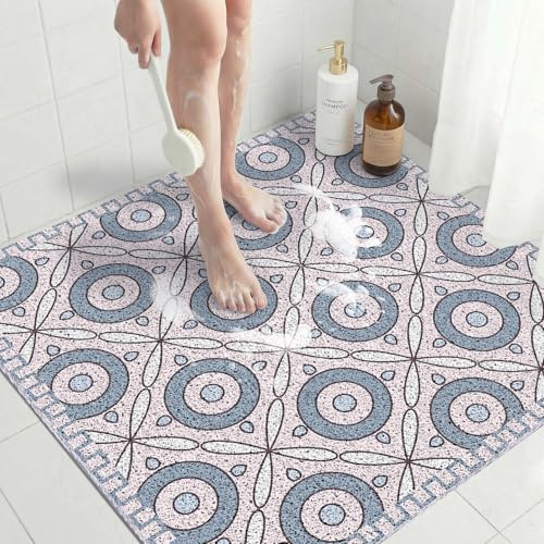 Alfombrilla Ducha Antideslizante Cuadrada 80x80 cm PVC Luffa, Alfombra Bañera Suave Secado Rápido Drenaje, Alfombra Baño Antideslizante para Mayores y Familia, Círculos Rosas