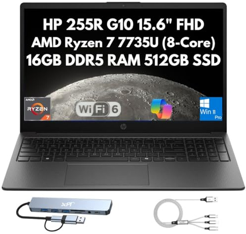 HP 255R G10 Business Laptop 2026, 39.6 cm FHD, AMD Ryzen 7 7735U de 8 núcleos (Beats i7-1355U), 16GB DDR5 RAM, 512GB PCIe SSD, cámara web, Wi-Fi 6, HDMI, teclado numérico, estación de acoplamiento